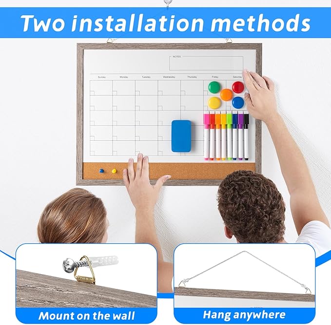 Dry Erase Calendar Whiteboard, 17" x 13" Magnetic Whiteboard Cork Board Combo, Reusable Monthly Planner with 8 Markers, Eraser, Magnets and Push Pins to Hang Dry Erase Board for Home, School - Gray