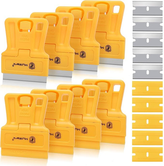 MulWark Razor Blade Tool Set, 8-Pack Mini Plastic Scrapers with 5 Plastic & 5 Metal Blades - Paint Remover, Window Cleaner, Glass Tool, Oven Cleaner, Blade Remover