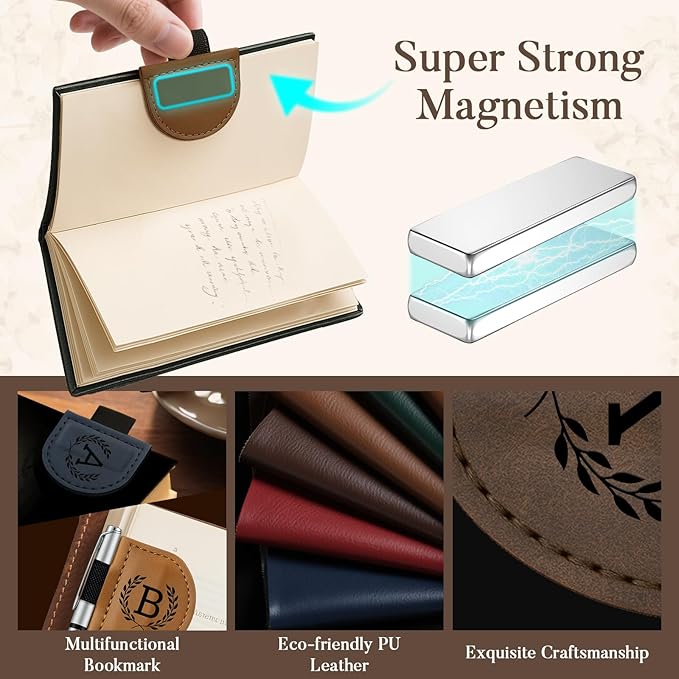 Personalized Bygone Mark Bookmark with Pen Holder,Engraving Leather Magnetic Bookmarks Vintage 26 Letters Name Initials Text Book Marker Clips Gifts for Reading Book Lovers Women (Coffee, E)