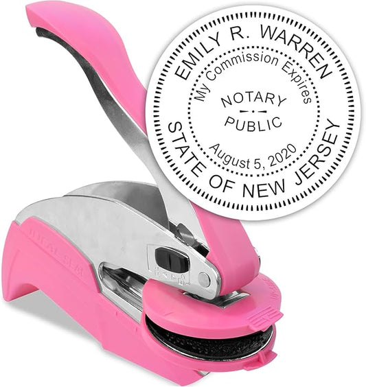 MaxMark Notary Seal Round Pink Embosser for New Jersey State - Includes Gold Burst Seal Labels (50 Count)