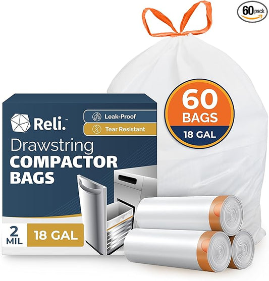 Reli. 18 Gallon Trash Compactor Bags (60 Pack) | 2 Mil Heavy Duty | Compatible with Kitchenaid, Whirpool, GE 15 Inch Compactors | No Slip Drawstring Kitchen Trash Bags | Leak-Proof & Tear Resistant