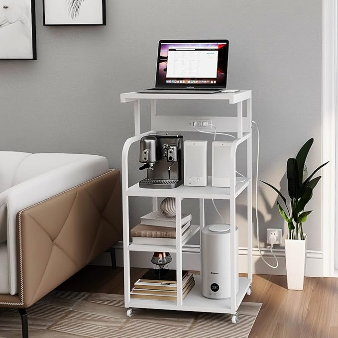 VEDECASA Mobile High Printer Stand with Power Outlet Charging Plugs USB Port Office Storage Shelf Includes Computer Tower CPU Stand Holder with Wheel (White)
