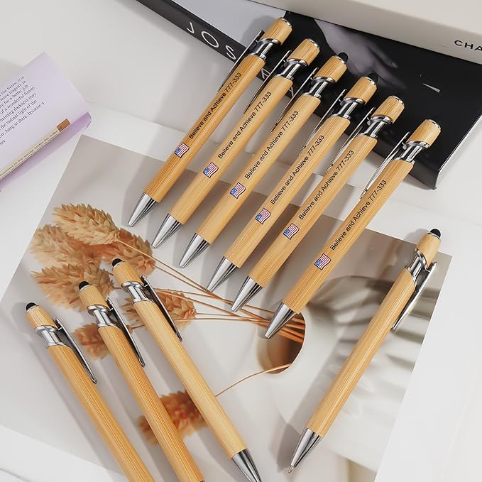 Bamboo Personalized Pen with Stylus, Custom Ballpoint Pens with Name Text Logo, Black Ink, Customizable Gift Ideas for School Back Day Office Business Home (100 Count/Pack)