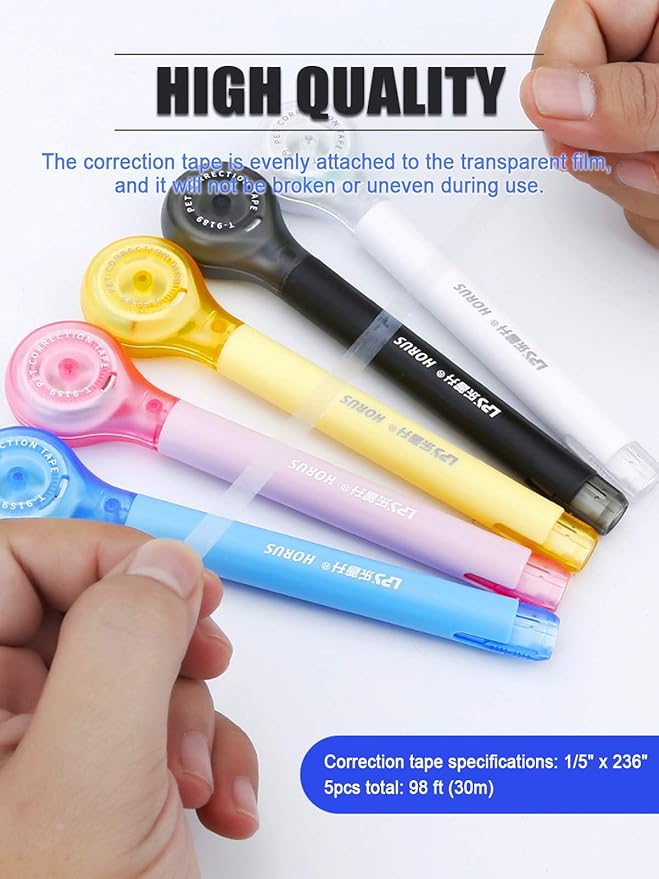 5pcs Correction Tape Pen, White, 1/5" x 236", Push-pull Protectiv