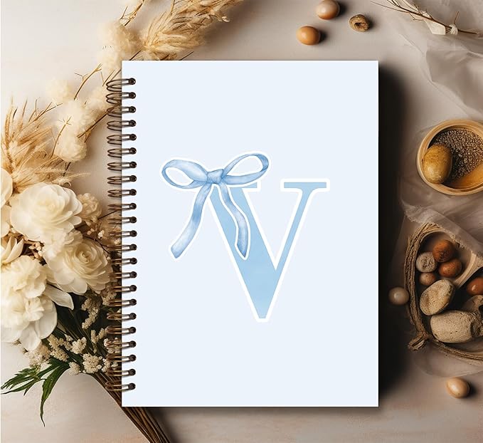 Initial V Notebook Journal,Personalized Teen Girl Gifts,Coquette Trendy Preppy Blue Bow Spiral Notebook,Monogrammed Gifts for Women Teen Girl,College Ruled Hardcover Spiral Notebook 5.5 x 8.3