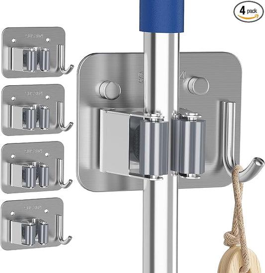4 Pack Stainless Steel Mop and Broom Gripper with Hook, Screw Drilling or Self Adhesive Mop and Broom Holder Wall Mount, Storage Rack for Closet Laundry Garage Garden Tool Organizer, Silver