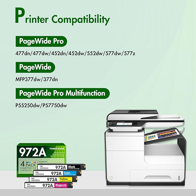 972A 972X Ink Cartridges Remanufactured Replacement for HP 972 A for HP Pagewide Pro MFP 477dw 577dw 477dn 452dn 552dn 552dw P55250dw Printer High Yield (4 Pack, Black Cyan Yellow Magenta)