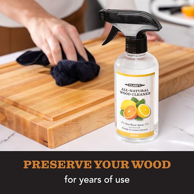 CLARK'S Natural Cutting Board Spray Cleaner, with Microfiber Cloth, for Wood Countertop – Pure Ingredients Filtered Water, Distilled Vinegar, Castile Soap, Lemon & Orange Citrus Oil Extracts, 12oz