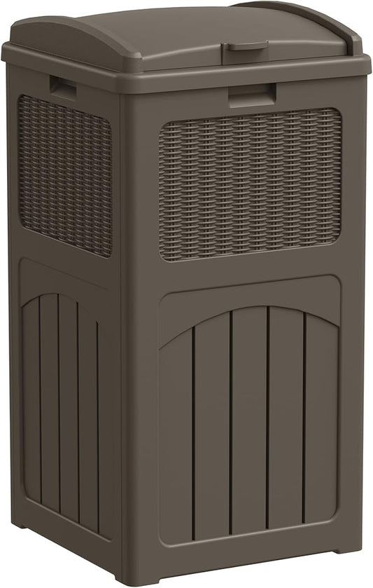 Greesum 33 Gallon Outdoor Trash Can with Lid, Waterproof Resin Garbage Bin for Hideaway, Deck, Patio, Brown