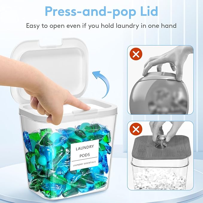 Lifewit 2+1 Laundry Pods Container & Dryer Sheet Holder, Large Powder Detergent Dispenser Storage Jars, Laundry Room Containers for Scent Booster Beads with Pop up Lids, Labels and Scoop