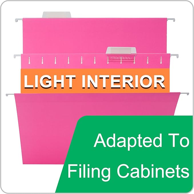 50 Packs Hanging File Folders,Pink Letter Size File Folder,Designed for Bulky Files,Filing Cabinet,1/5 Adjustable Tabs for Office,School,Home