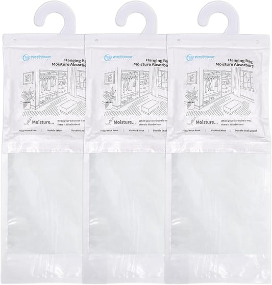 500 Gram Moisture Absorber Hanging Bags 3 Pack - 17.6 oz Fragrance-Free Large Dehumidifier for Closet, Bathroom, Bedroom – Double Leak-Proof Design & Dual-Sided Absorption