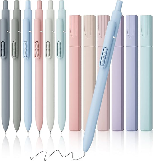 JIMMIDDA- 12 Pack Gel Pens, 0.7mm Black Ink Fine Point Smooth Writing with Aesthetic Highlighters, Quick-dry Long-lasting Pens Set for Journaling School Office Supplies(6 Pens + 6 Highlighters)