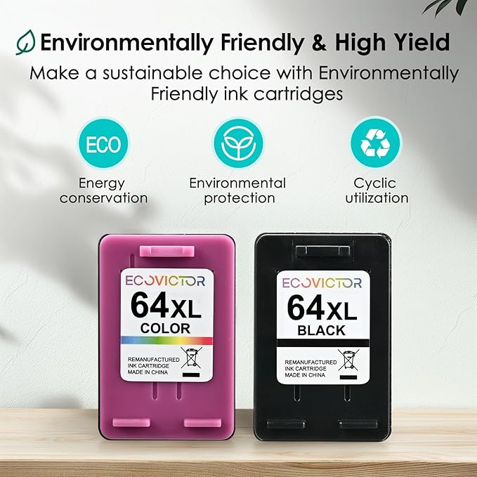 Remanufactured 64XL Ink Cartridges Black/Color Replacement for HP 64XL Ink Cartridge Combo Pack HP Ink 64 for Envy 7855 7858 7155 7800 6252 6255 7100 7164 7200e 7955e 7900e Tango X Printer