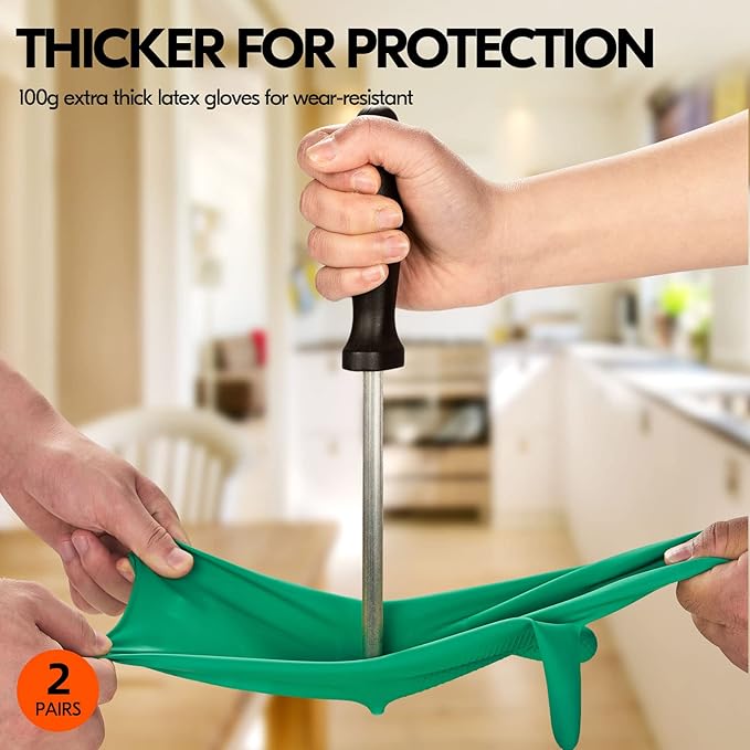 Vgo... 2-Pairs Reusable Household Gloves, Rubber Dishwashing gloves, Extra Thickness, Long Sleeves, Kitchen Cleaning, Working, Painting, Gardening, Pet Care (Size XL, Green, HH4601)