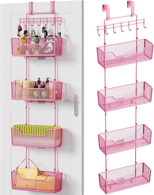 HapiRm Over Door Organizer Storage - Hanging Door Organizer with 4 Metal Large Capacity Baskets and Adjustable Coat Hook for Bathroom Bedroom Kitchen Pantry Closet Cabinet
