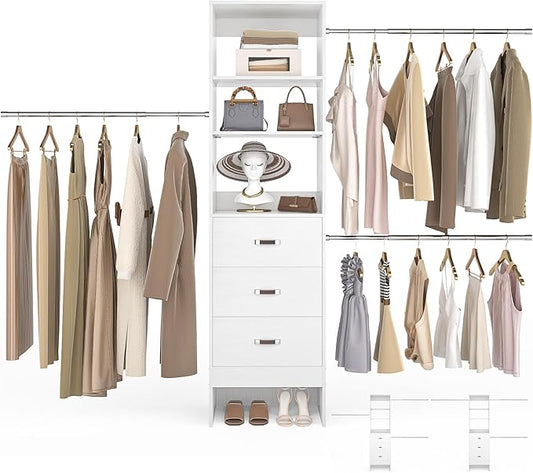 96'' Closet Organizer System with 3 Hanging Rods (Without 3 Storage Shelves), 8FT Closet Systems, Wall Mount Bedroom Wardrobe with 3 Wood Drawers, Adjustable Garment Rack from 5 to 8FT, White