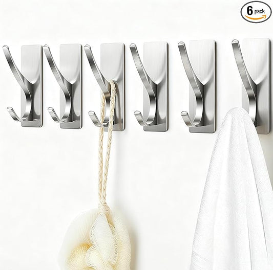 Self Adhesive Coat Hooks for Hanging: Heavy Duty Stainless Wall Hook for Towel, Backpack, Hat, Sturdy Metal Hanger for Bathroom, Bedroom, Door, Brushed Nickel, 6-Pack