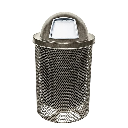 COATEDOUTDOORFURNITURE 32-Gallon Heavy-Duty Punched Steel Round Trash Receptacle, Commercial Outdoor Waste Bin with Liner & Black Dome Lid – Made in America (Textured Gold Vein)