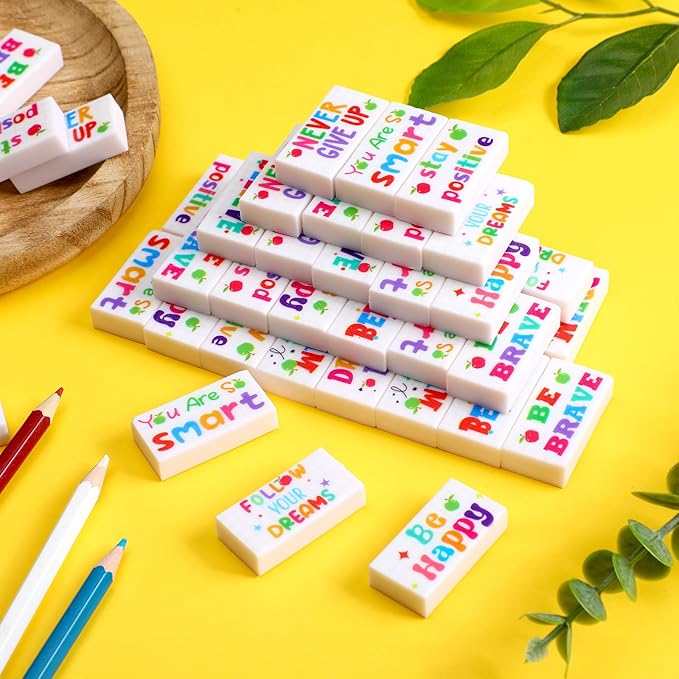 100 Pcs Inspirational Pencil Erasers Bulk for Kids Fun Motivational Eraser School Supplies Back to School Office Supplies for Classroom Office Teacher Artists (Lovely)