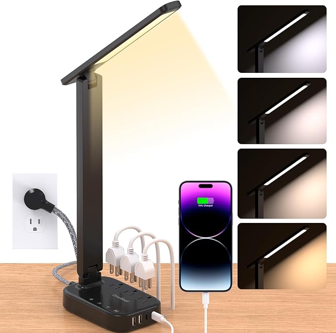 Power Strip with LED Desk Lamp, 3 Outlets 4 USB Ports(2 USBC) 4 Modes 5 Level Touch Lamp Small Desk Lamp for Home Office Bedroom Bedside, Study Reading Light, 5ft Extension Cord, Dorm Room Essentials