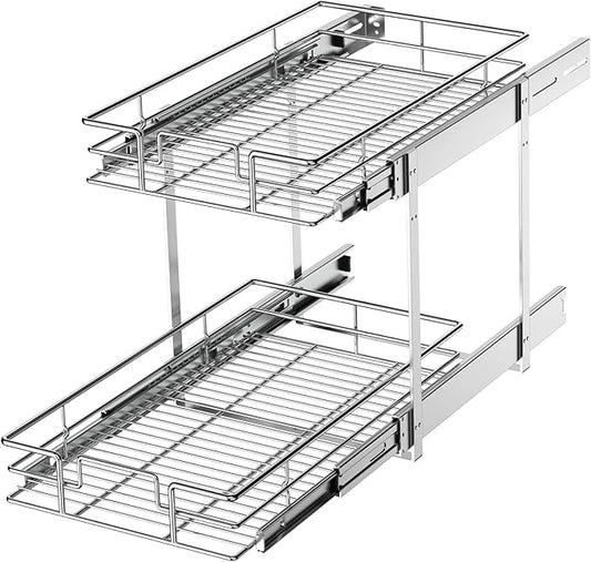 LOVMOR 2 Tier Individual Pull Out Cabinet Organizer 11½" W x 21½" D, Slide Out Kitchen Cabinet Storage Sliding Shelves