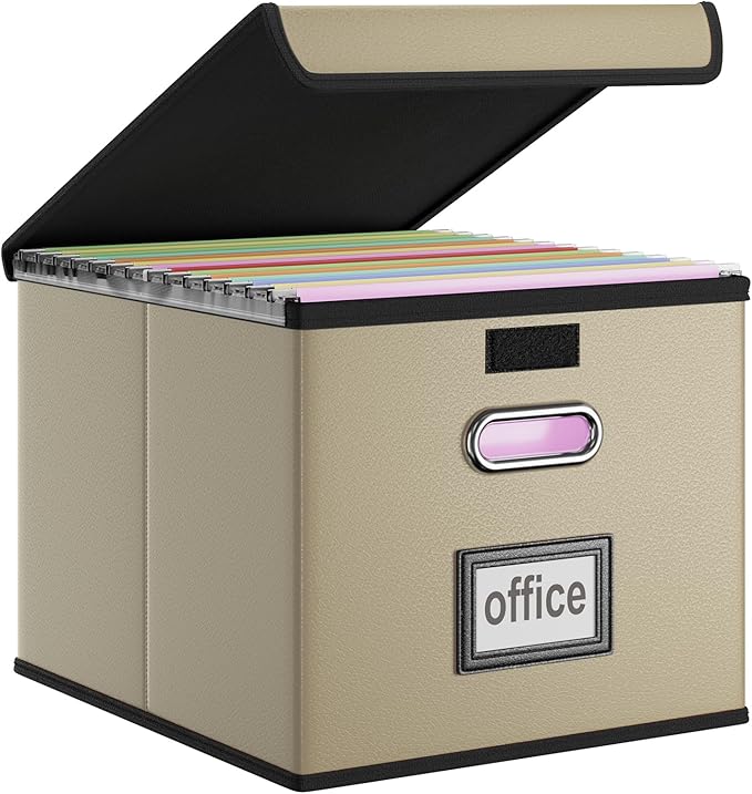 Huolewa Faux Leather File Organizer Box with Lid, Collapsible Hanging File Folder Box Organizer with Plastic Slides, Decorative Home/Office Filing System Boxes for File and Folder Storage-Khaki