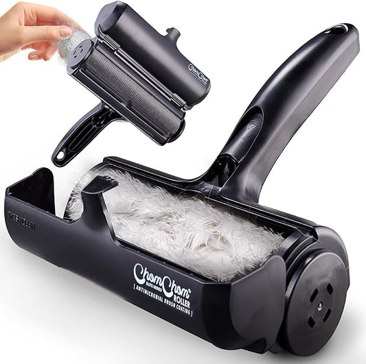 ChomChom Roller Pet Hair Remover and Reusable Lint Roller - Cat and Dog Hair Remover for Furniture, Couch, Carpet, Clothing and Bedding - Portable, Multi-Surface Fur Removal Tool (Black)