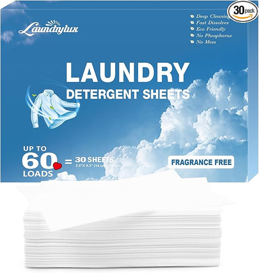 Laundry Detergent Sheet, Eco-Friendly & Hypoallergenic Wash Strips, Natural Ingredients, Ultra-Concentrated, Travel-Ready, No Plastic Jug- Unscented, (60 Loads) 30 Sheets