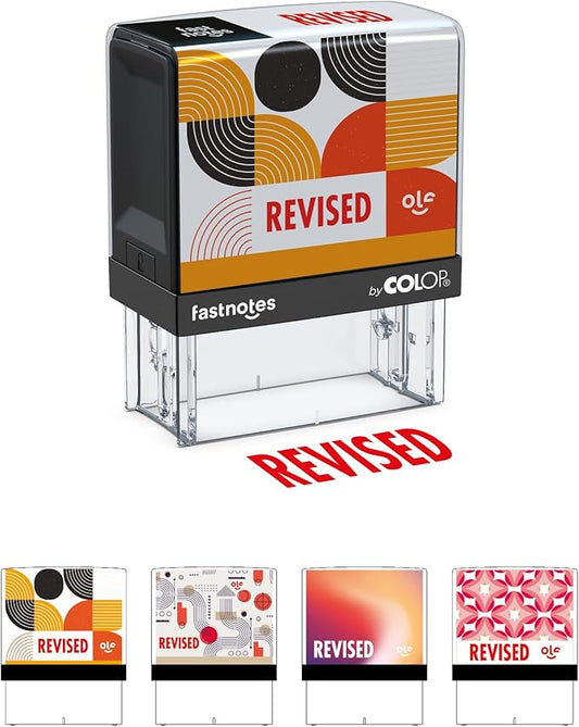 Fastnotes Revised Self-Inking Rubber Stamp by COLOP - Great for Office Documents, Notary, Warehouse, Accounting Paperwork, Business, and Legal Documentation - Red Ink (Revised- Red)