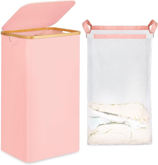 26 Gal Laundry Basket with Lid and Net Bag, Tall Laundry Hamper with Bamboo Handles, Aesthetic Dirty Clothes Bin for Laundry Room, Bathroom, Bedroom and Dorm, Pastel‌