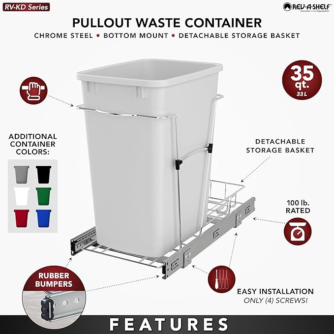 Rev-A-Shelf Pullout Trash Can for Kitchen Cabinets 35 Qt Garbage Waste Recycling Bin with Full Extension Slides, Green, RV-12KD-19C-S