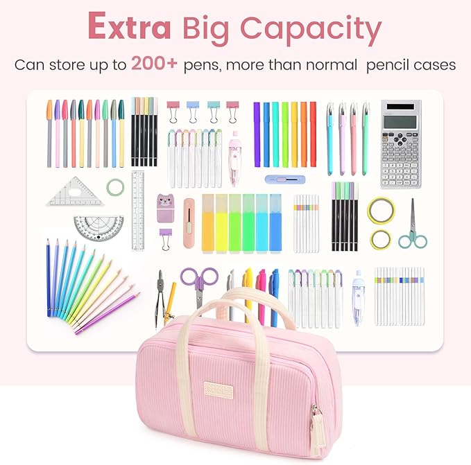 Sooez Large Pencil Case Pouch, Extra Big Pencil Bag with 5 Compartments, Pen Case Wide Opening, Soft Corduroy Pen Bag Organizer with Zipper, Cute Aesthetic School Supplies for Teen Girls, Red