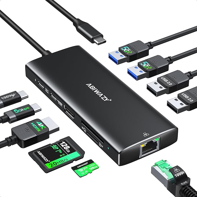 USB C Hub Multiport Adapter,10 in 1 USB C to USB HDMI Ethernet Hub USB C Dongle for MacBook Pro/Air, iPad Pro,Dell with 4K@60Hz HDMI+Ethernet+4USB+1USB-C Data Port+SD/TF Card Reader+100W PD (Black)