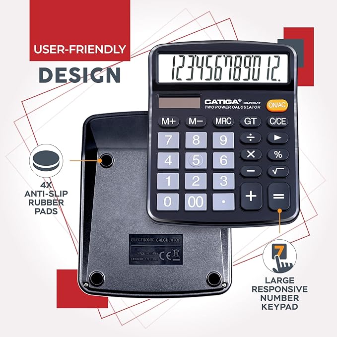 CATIGA Desktop Calculator (2 Pack) 12 Digit with Large LCD Display and Sensitive Button, Solar and Battery Dual Power, Standard Function for Office, Home, School, CD-2786 (Black/Silver)