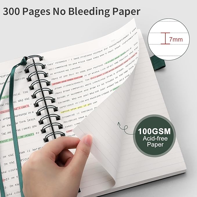 EMSHOI Lined Spiral Journal Notebook, B5 College Ruled Notebook, 300 Pages/150 Sheets, 100gsm Acid-Free Paper, Waterproof Softcover Notebook for School, Work, Note Taking, 7.48" × 10.15" - Dark Green