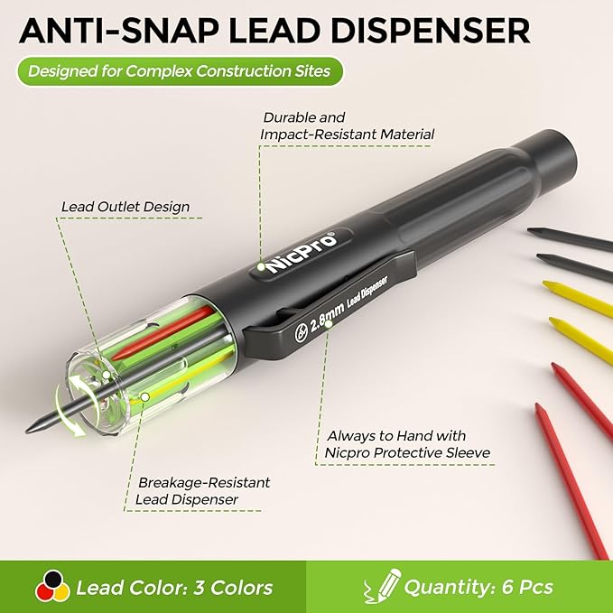 Nicpro Carpenter Pencil with Sharpener & Belt Clip, CP3000 Mechanical Pencils with 6 Refills in a Lead Dispenser, Deep Hole Long Nib Marker Pens for Construction, Woodworking Marking Carpenter Tools