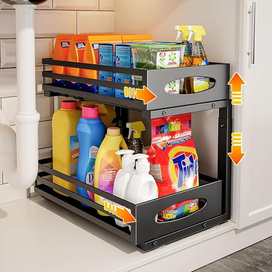 Under Sink Organizer, 2 Tier Under Sink Organizers and Storage, Adjustable Height, Slide out Metal Cabinet Organizers, Pull out Cabinet Storage Drawer Shelf for Kitchen Bathroom Black, 1 Pack