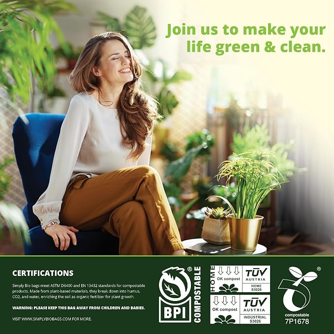Simply Bio 30-33 Gallon Compostable Trash Bags Liners Flat-Top, Heavy Duty Extra Thick 1.57 Mil, 124.92 Liter, 30 Bags, Lawn, Yard, and Restaurant Use, ASTM D6400, US BPI, OK Compost Home Certified