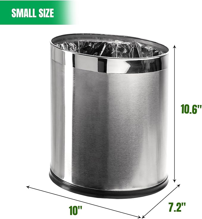 Invisi-Overlap' Open Top Stainless Steel Trash Can, Small Office Wastebasket, Modern Home Décor, Oval Shape