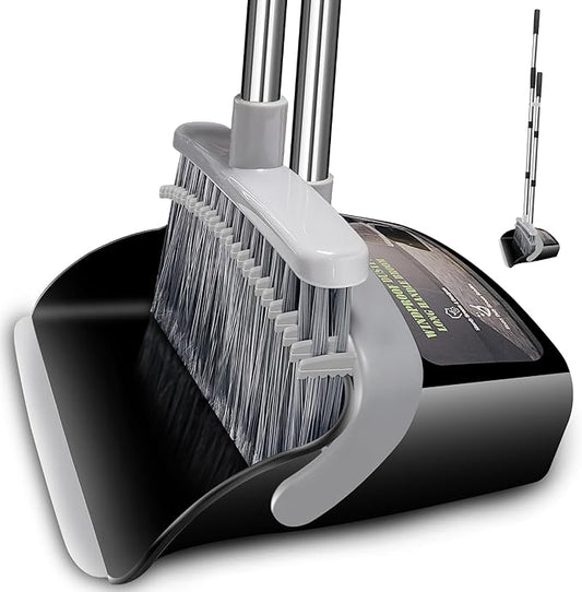 Broom with Dustpan Combo Set Broom and Dustpan Set Dust Pan with 51.2" Stainless Steel Long Handle, Brooms with 5-Layer Plus Firm and Soft Bristles Combine, New Home Apartment Office Essentials