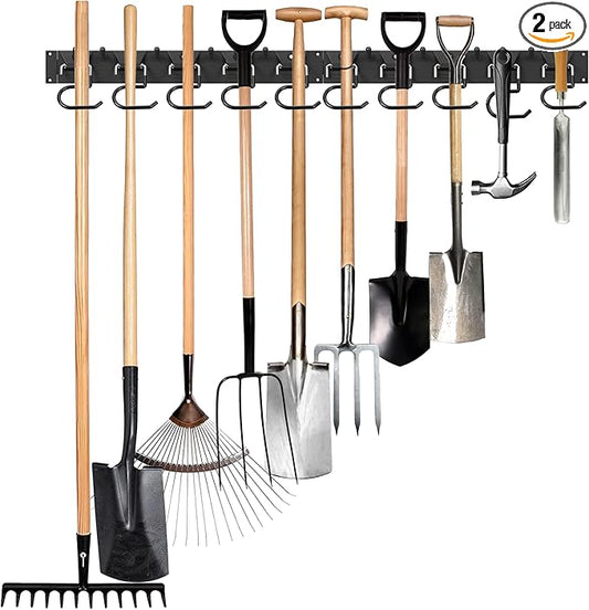 34 Inch Garden Tool Organizer Wall Mount with Non Slip Rubber Coated Metal Hooks, Storage Rack for Indoor/Outdoor Shovel, Rake, Mop and Broom Holder Wall Mount （ 10 Hooks+10 Holders
