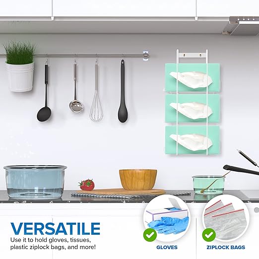 Stock Your Home (White Metal Triple Gloves Dispenser, Tissue Box Shelf, Glove Box Holder Wall Mount, For Kitchen, Cleaning Closet, Lab, Exam, or Office