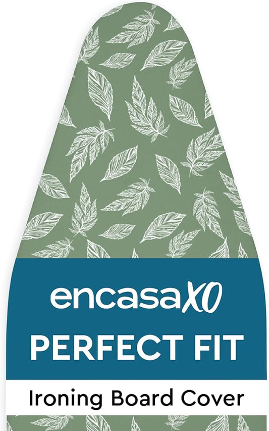 Encasa XO Ironing Board Cover and Pad 57"x22" - Thick 3mm Felt Padding, Drawstring Tightening & Lock, Easy Fit, Scorch & Stain Resistant, Fits X-Large Ironing Board - Big Leaves Green