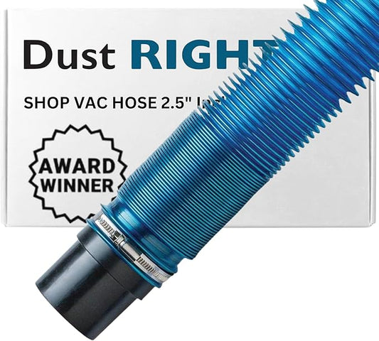 Dust Right 2.5'' Shop Vac Hose Kit – Expandable Blue Shop Vac – 2-1/2” Elastic, Flexible Polymer Vacuum Hose Extend up to 12’ L – Kit Includes 2.5” Expandable Hose, 2-1/2 Hose Clamp, Swivel Fittings