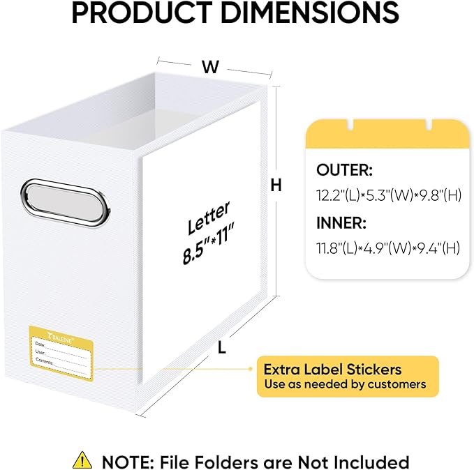 BALEINE File Organizer Box, Cardboard File Folder Organizer with Handle for Letter Size, Portable Collapsible Hanging Filing Box for Home Office Document Storage (2 Pack, White)