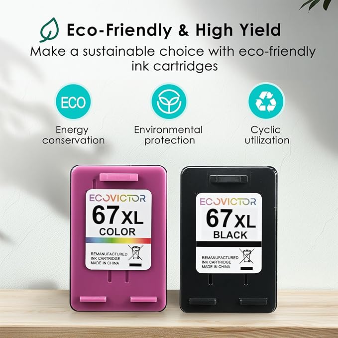 EcoVictor Remanufactured 67XL Ink Cartridge Replacement for HP Ink 67 XL HP67XL Black and Color Combo 2 Pack for DeskJet 4155e 2755e 2700 2700e 4100 4100e 2320 Envy 6000 6055 6400 6055e 6455e Printer