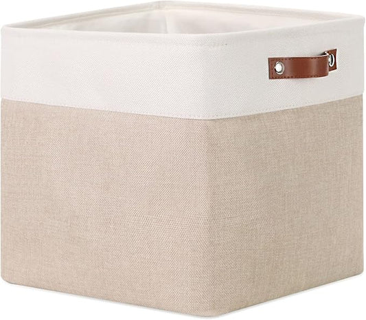 DULLEMELO Cube Storage Bin 13x13,Collapsible Fabric Storage Cube for Organizing,Cubby Storage Basket for Shelves,Closet,Laundry,Nursery,Toys,Clothes (White&Khaki)