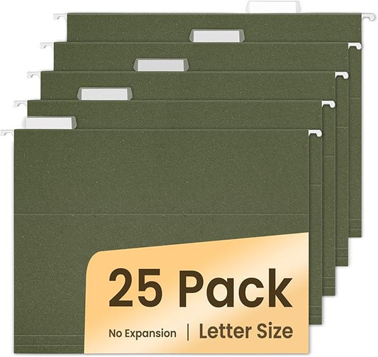 SUNEE Hanging File Folders, 25 Pack Reinforced Hang Folders Letter Size, Adjustable 1/5-Cut Tabs, Designed for Bulky Files, Filing Cabinet, Standard Green