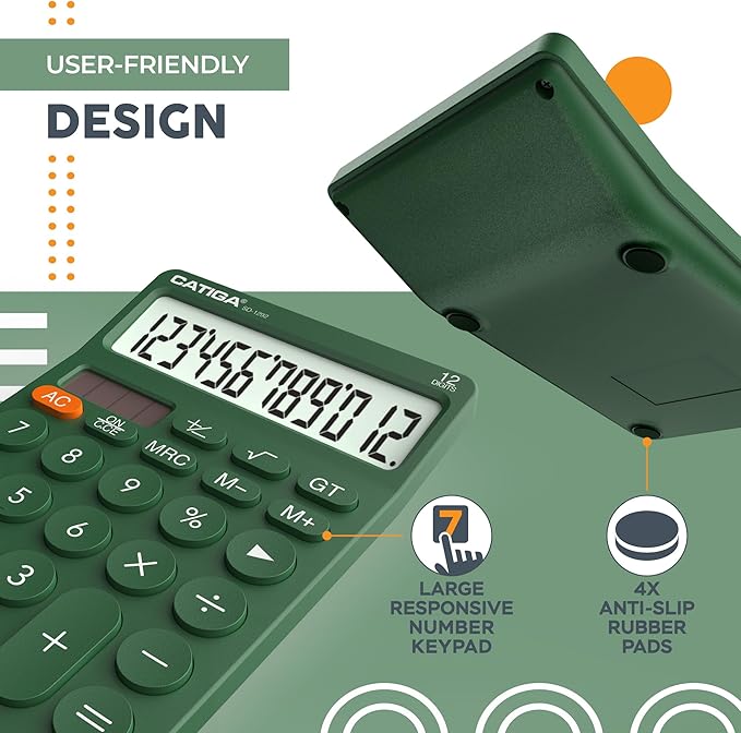 CATIGA 12 Digit Desktop Calculator Basic Desk Calculator with Large LCD Display, Big Buttons, 4 Function, Solar and Battery Dual Power, for Office, School, Home, SD-1292 Green